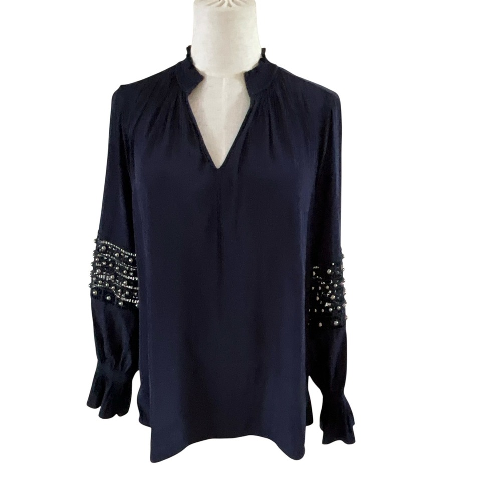 Chico's Embellished Sleeve Blouse Top Navy Blue Ruffle Neckline Sz .5 XS 6 Boho